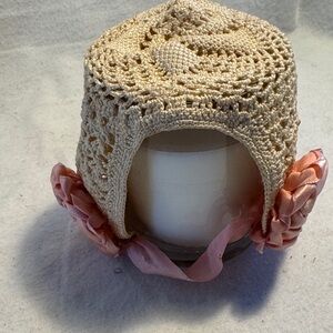 Antique Handcrafted Crochet Baby Bonnet with Pink Ribbon Rosette Accents